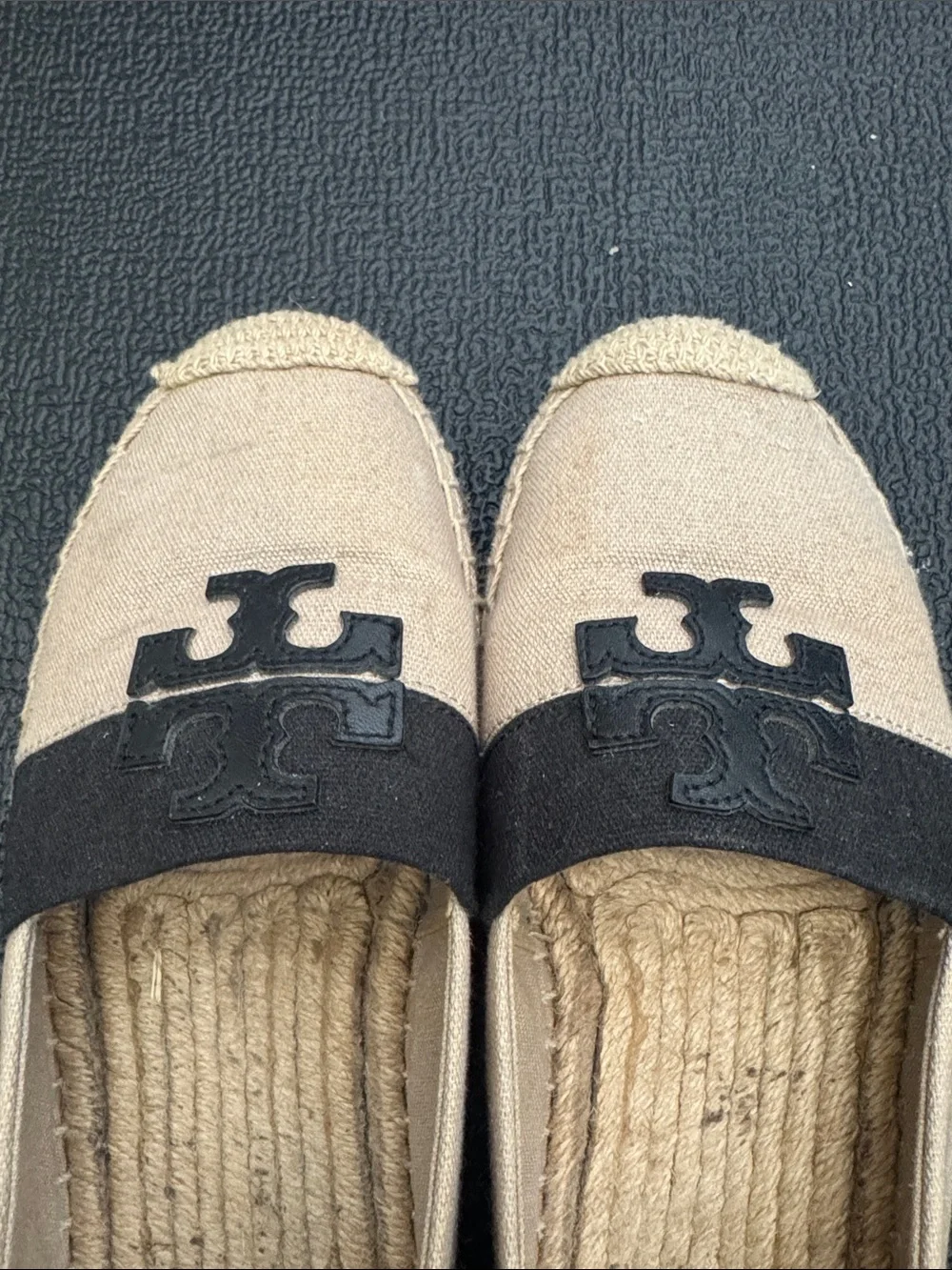 Tory Burch Neutral Canvas Espadrille Flats with Black Logo Band